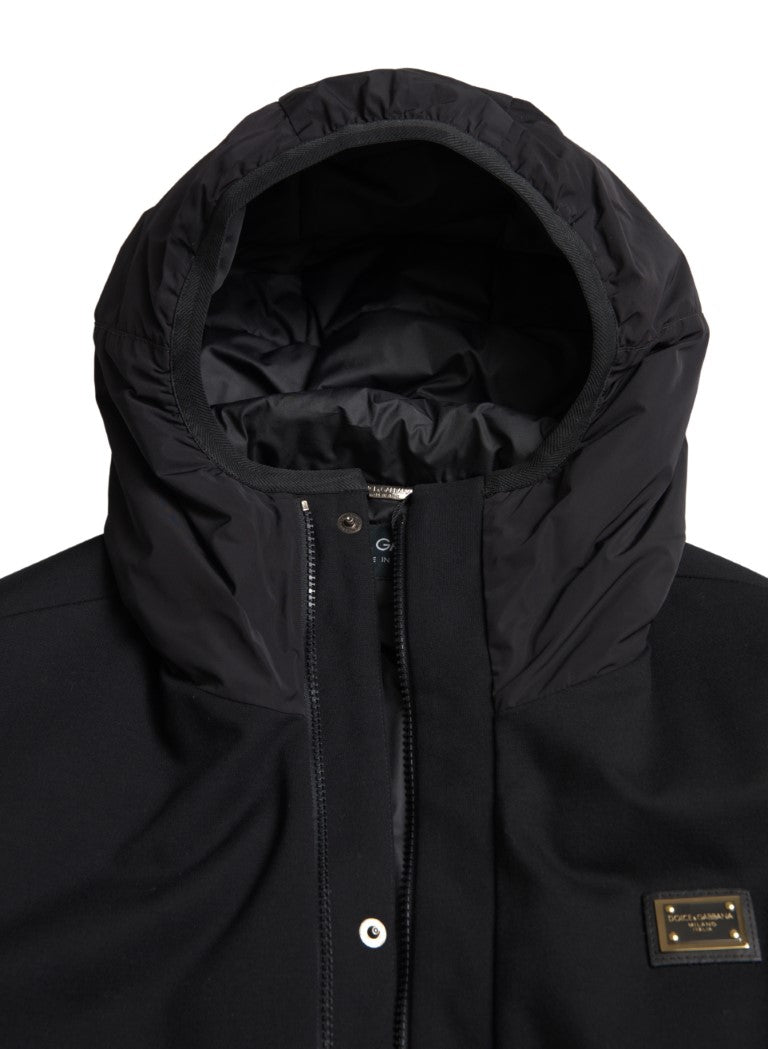 Black Hooded Parka Cotton Trench Coat Jacket