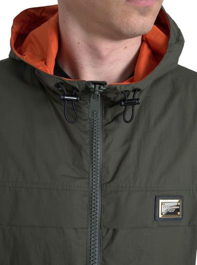 Green Orange Hooded Cotton Full Zip Jacket