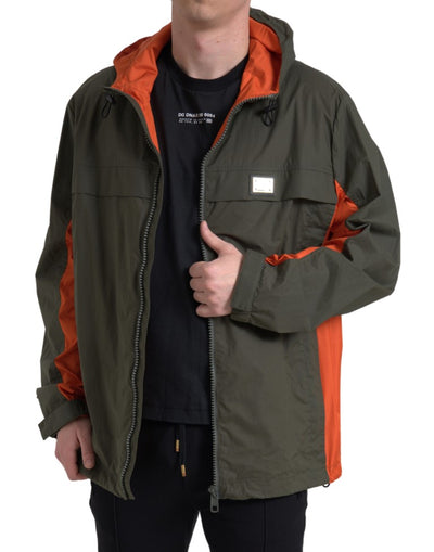 Green Orange Hooded Cotton Full Zip Jacket