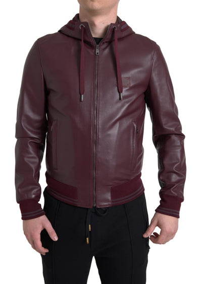 Bordeaux Leather Hooded Full Zip Men Jacket