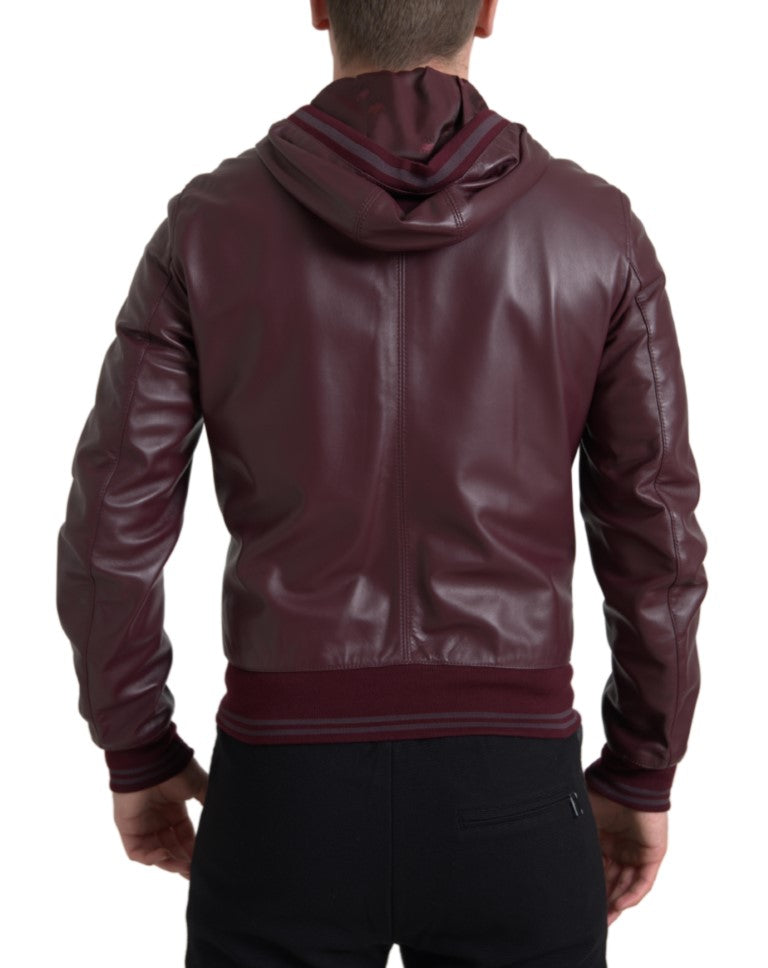 Bordeaux Leather Hooded Full Zip Men Jacket