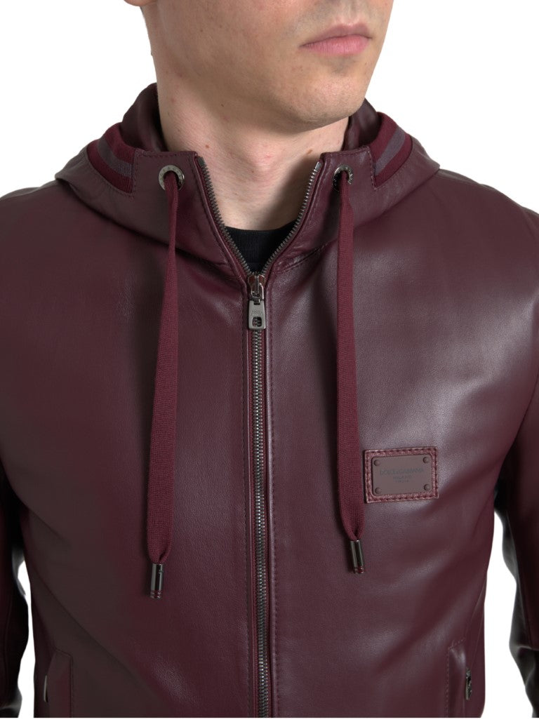 Bordeaux Leather Hooded Full Zip Men Jacket