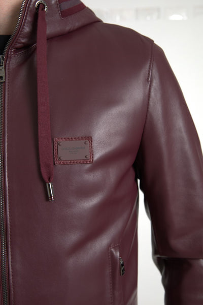 Bordeaux Leather Hooded Full Zip Men Jacket