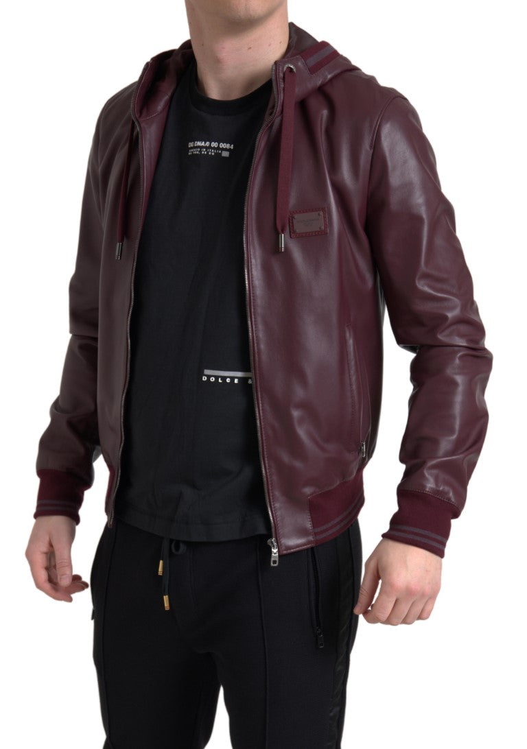 Bordeaux Leather Hooded Full Zip Men Jacket