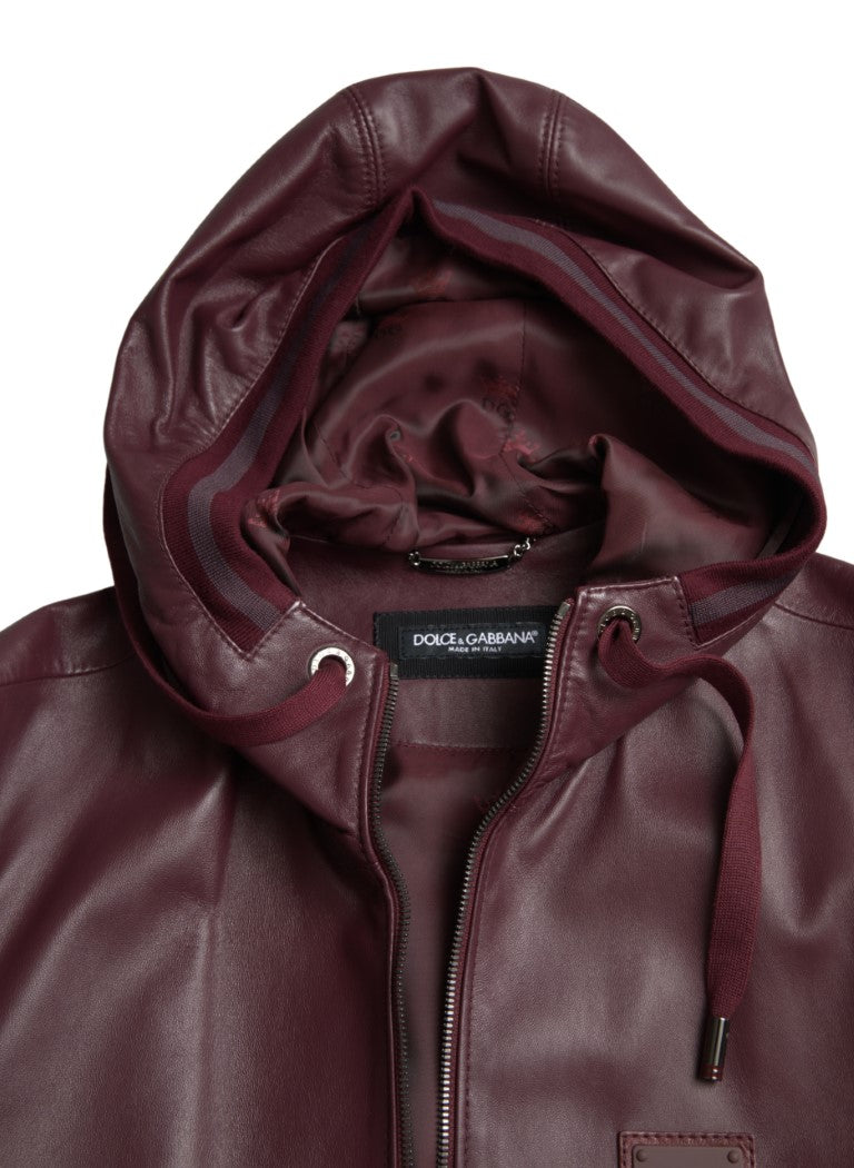 Bordeaux Leather Hooded Full Zip Men Jacket