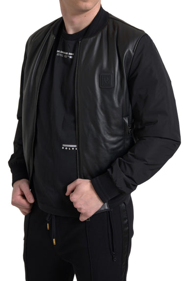 Black Polyester Full Zip Bomber Coat Jacket