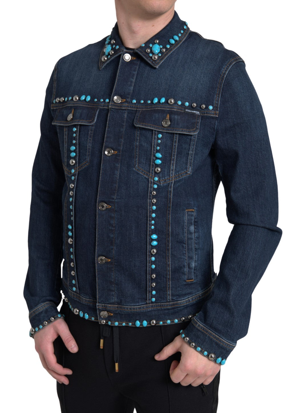 Blue Denim Turquoise Stones Studded Jacket