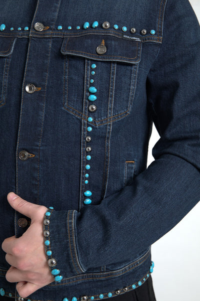 Blue Denim Turquoise Stones Studded Jacket