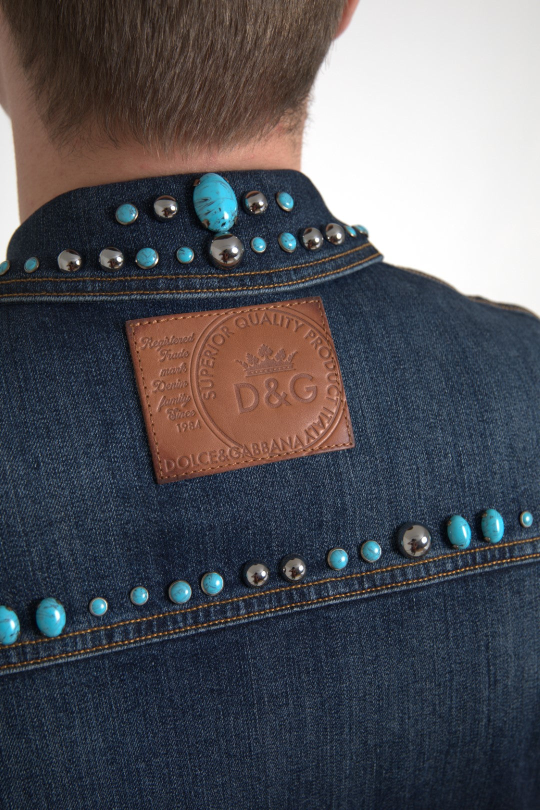 Blue Denim Turquoise Stones Studded Jacket