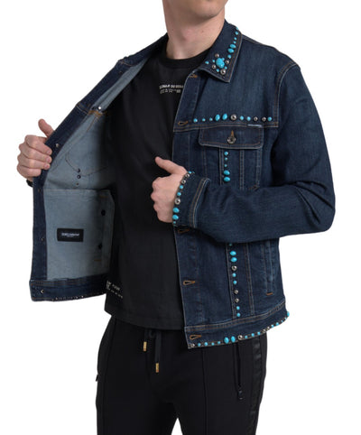 Blue Denim Turquoise Stones Studded Jacket