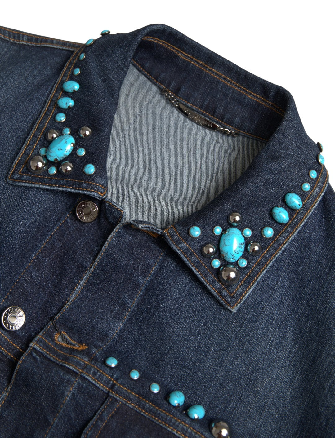 Blue Denim Turquoise Stones Studded Jacket