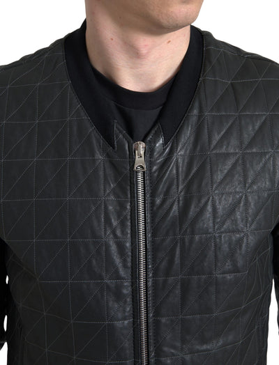 Black Leather Full Zip Bomber Coat Jacket