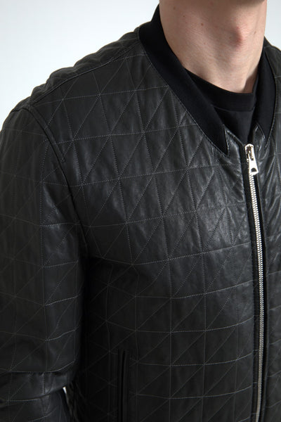 Black Leather Full Zip Bomber Coat Jacket