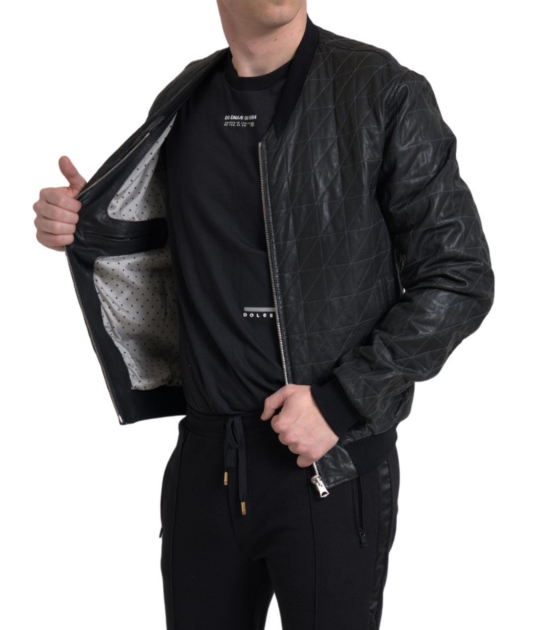 Black Leather Full Zip Bomber Coat Jacket