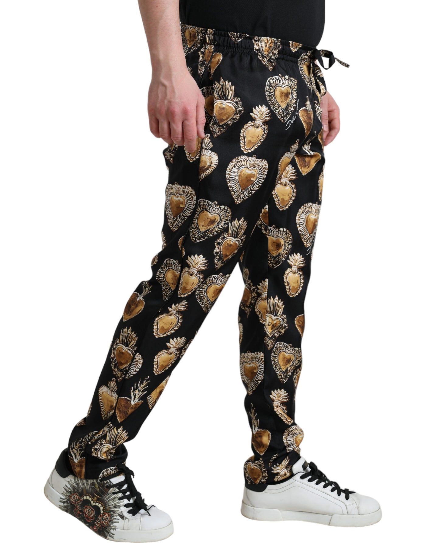 Black Heart Print Silk Men Pajama Pants