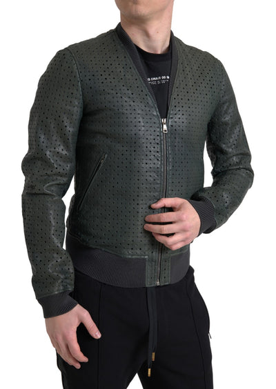 Green Perforated Leather Bomber Jacket