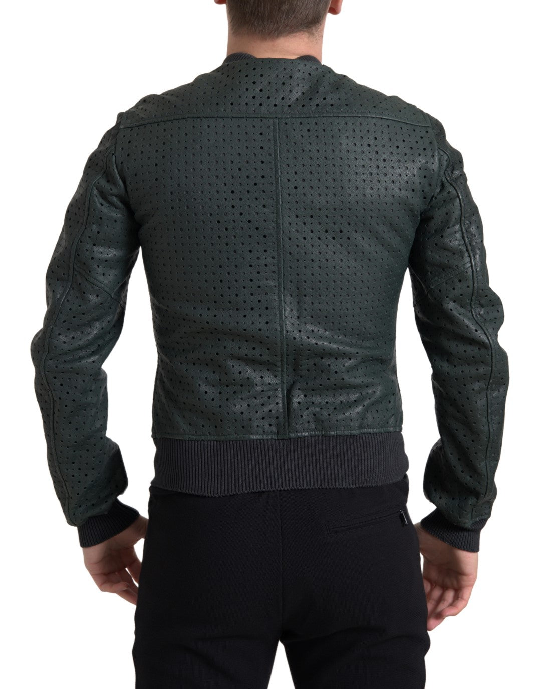 Green Perforated Leather Bomber Jacket