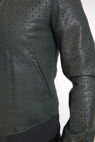 Green Perforated Leather Bomber Jacket