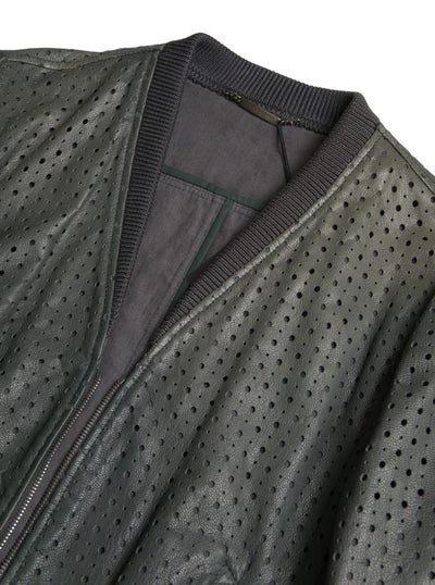 Green Perforated Leather Bomber Jacket