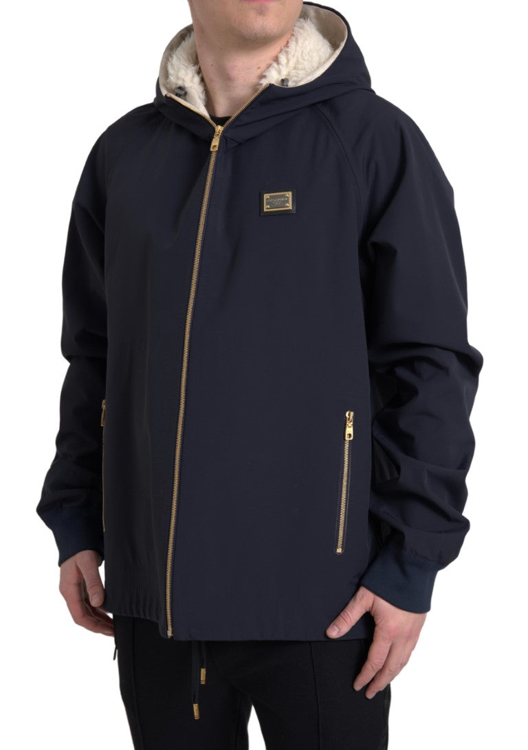 Dark Blue Hooded Wool Full Zip Men Jacket