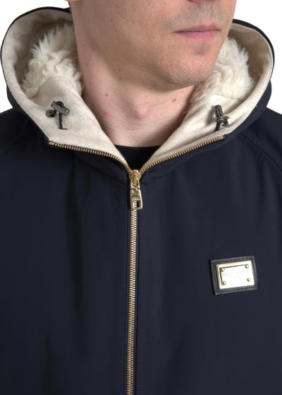 Dark Blue Hooded Wool Full Zip Men Jacket