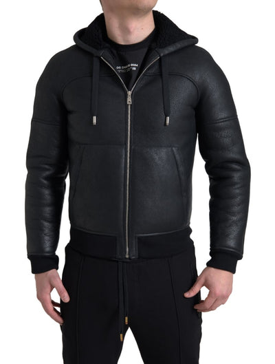 Black Leather Full Zip Hooded Men Jacket