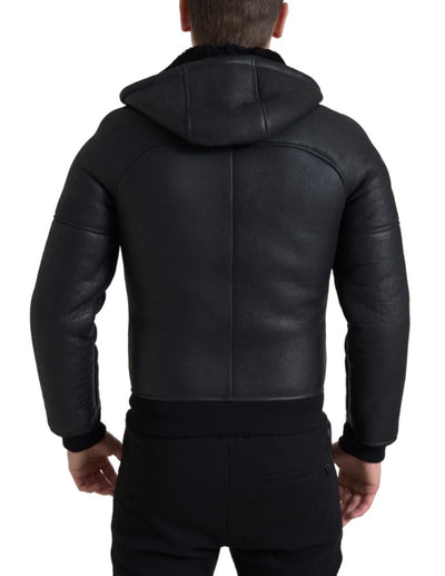 Black Leather Full Zip Hooded Men Jacket