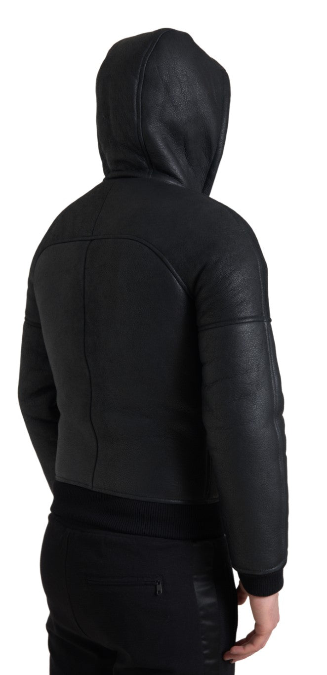 Black Leather Full Zip Hooded Men Jacket