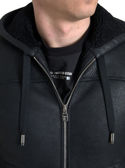 Black Leather Full Zip Hooded Men Jacket