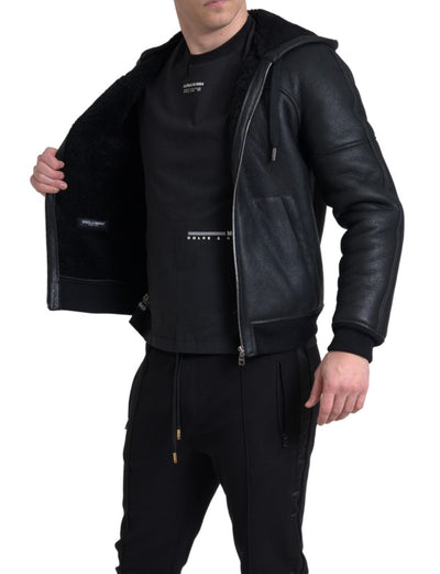 Black Leather Full Zip Hooded Men Jacket