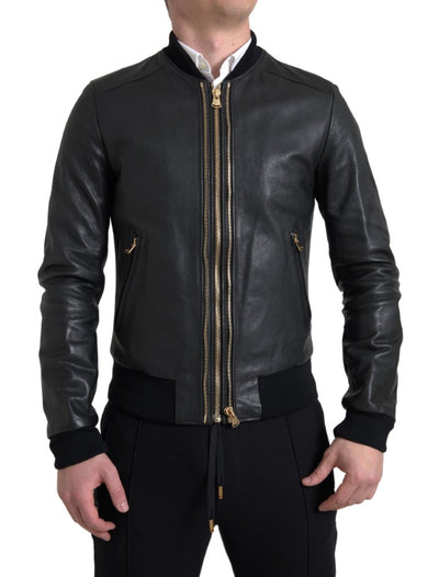 Black Leather Blouson Full Zip Bomber Jacket