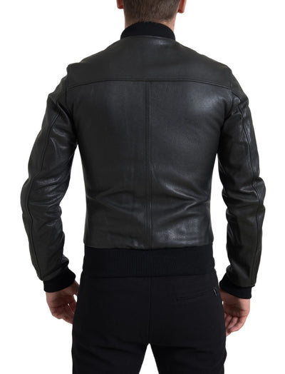 Black Leather Blouson Full Zip Bomber Jacket