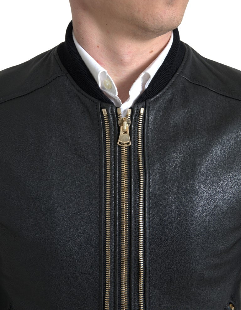 Black Leather Blouson Full Zip Bomber Jacket