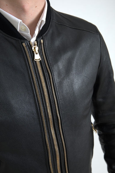 Black Leather Blouson Full Zip Bomber Jacket