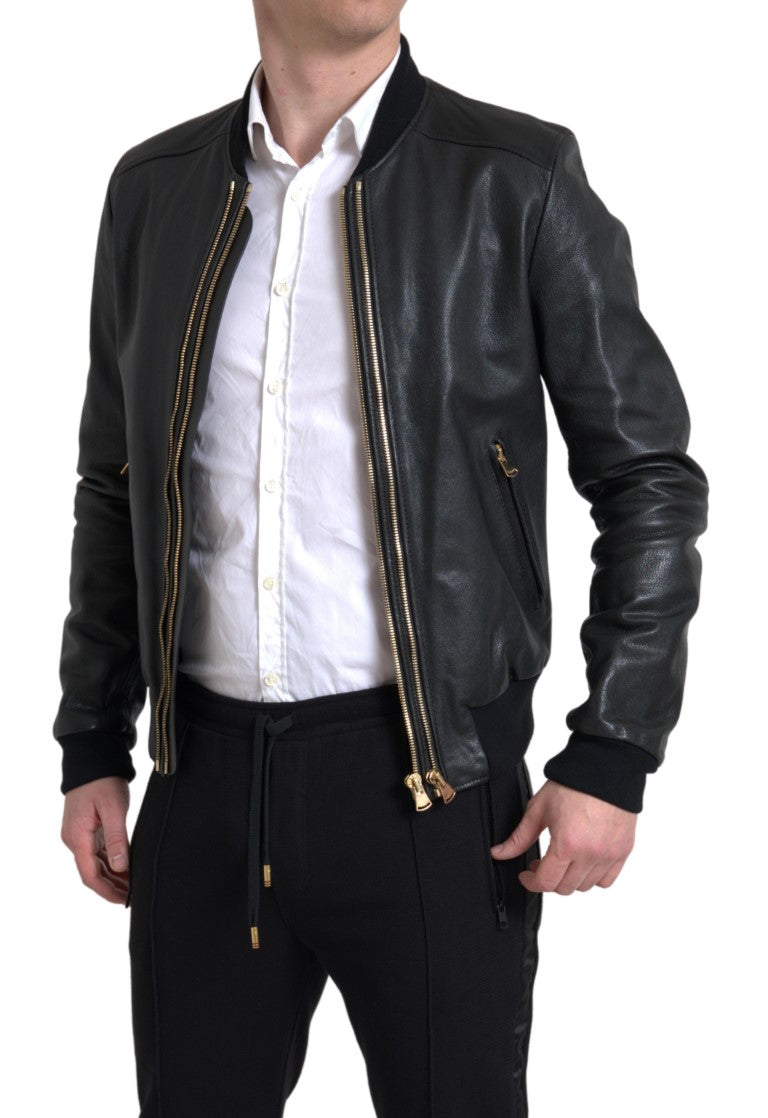 Black Leather Blouson Full Zip Bomber Jacket