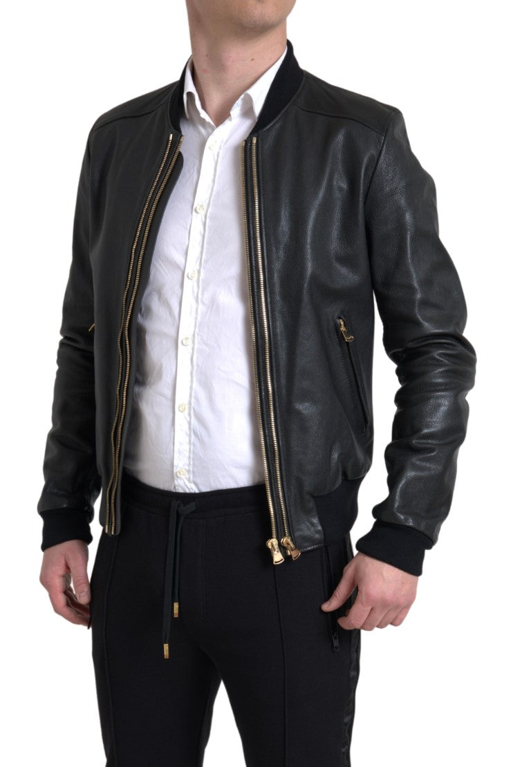 Black Leather Blouson Full Zip Bomber Jacket