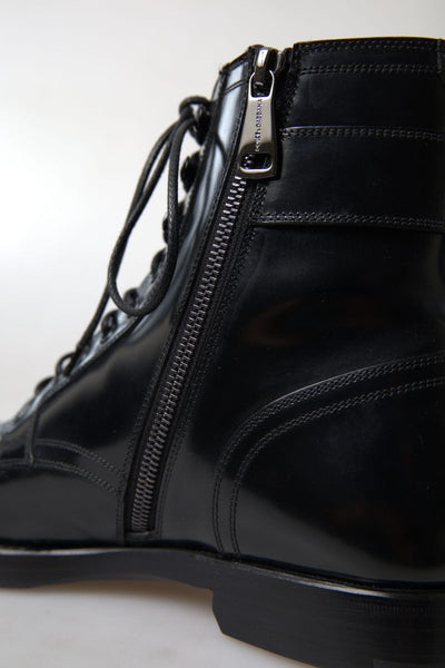 Black Leather Zipper Logo Badge Mens Boots