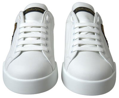 White and gold Leather Low Top Sneakers