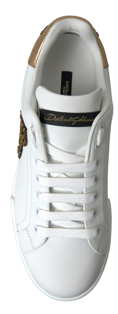 White and gold Leather Low Top Sneakers