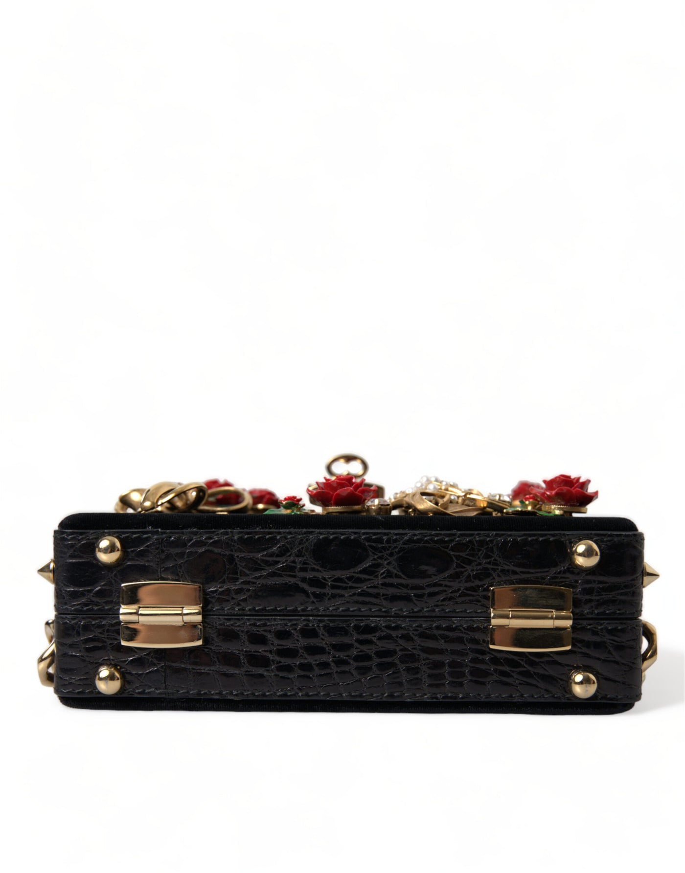 Black Floral Padlock Leather Crystal Velvet Clutch BOX Bag