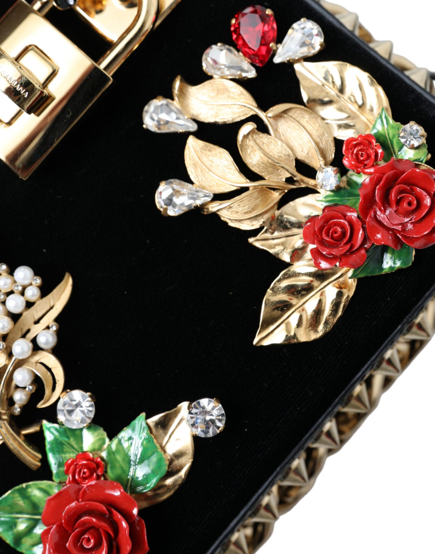 Black Floral Padlock Leather Crystal Velvet Clutch BOX Bag