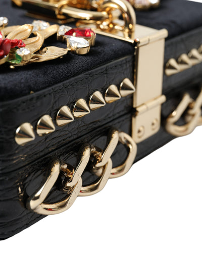 Black Floral Padlock Leather Crystal Velvet Clutch BOX Bag