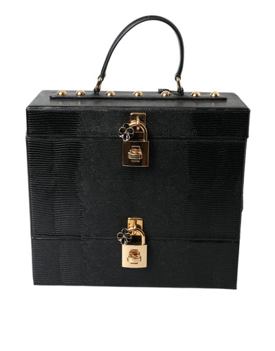 Black Iguana Leather Lock Box Shoulder Hand Luggage Bag