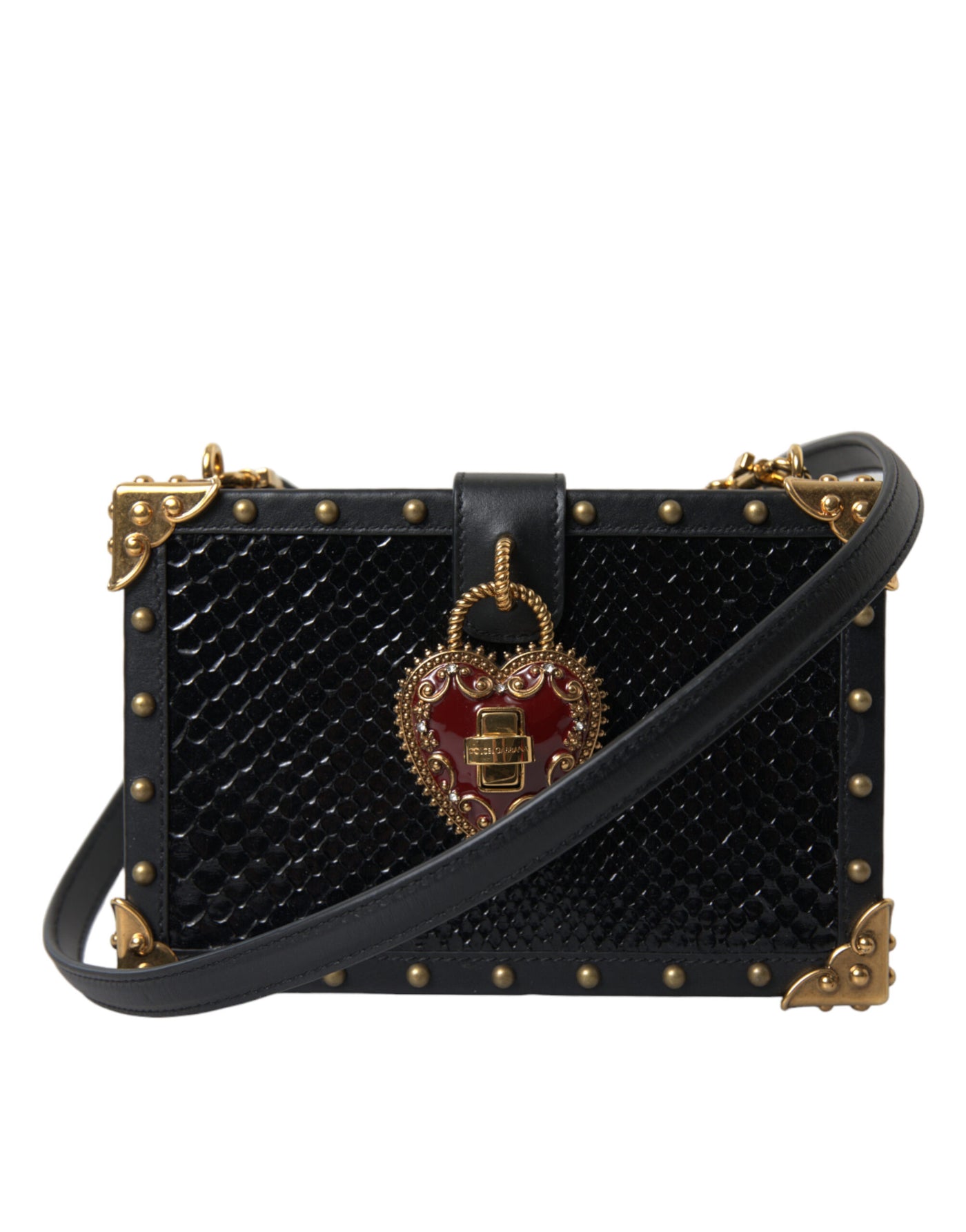 Black Snakeskin Leather Gold HEART Studs Box Shoulder Clutch Bag