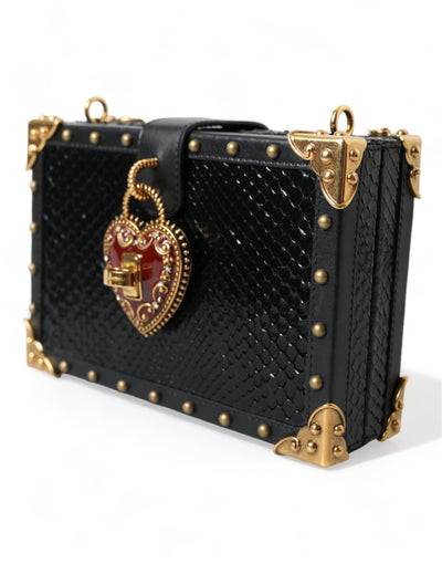 Black Snakeskin Leather Gold HEART Studs Box Shoulder Clutch Bag