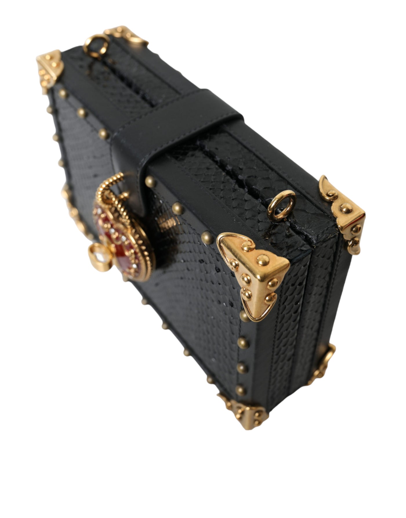 Black Snakeskin Leather Gold HEART Studs Box Shoulder Clutch Bag