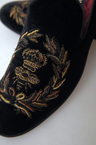 Black Velvet Loafers Bee Crown Embroidery Shoes Dress