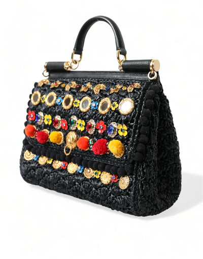 Black Sicily Embellished Raffia Tote Crossbody Bag