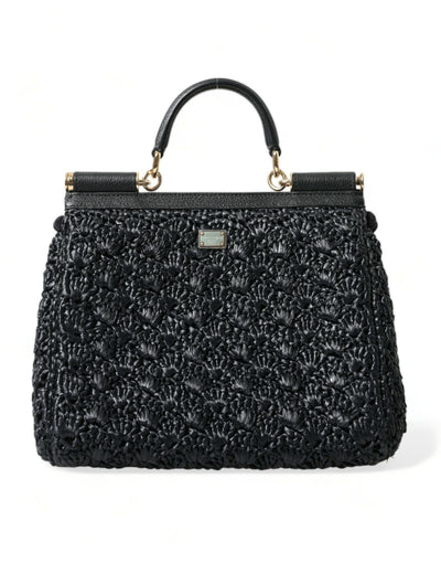 Black Sicily Embellished Raffia Tote Crossbody Bag