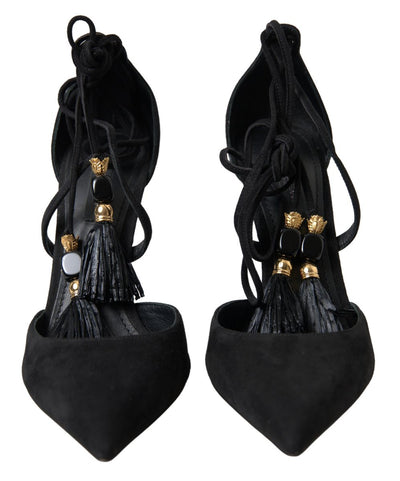 Black Ankle Strap Tassel Tie Suede Sandal